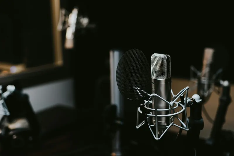 A studio condenser microphone with a pop filter in a dark recording room