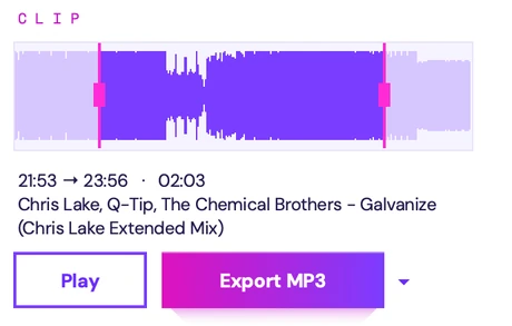 The clip tool: two minutes of one track chosen between two pink handles, with Play and Export MP3