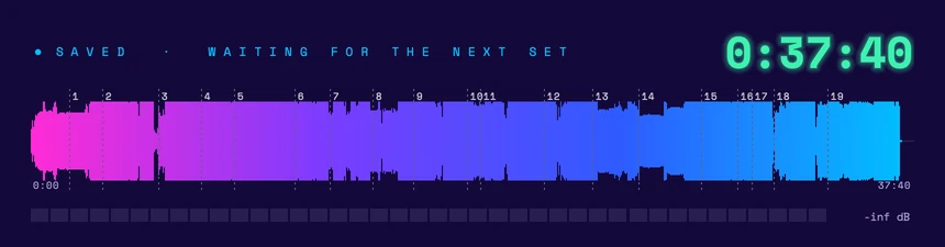 The app after a set: saved, waiting for the next set, 0:37:40 recorded, 19 track marks on the waveform