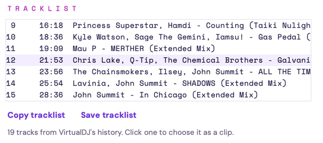The tracklist: each track with the minute it started, track 12 picked, with Copy tracklist and Save tracklist